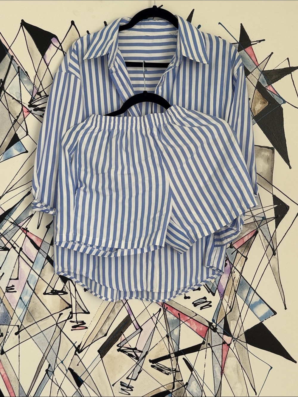 Blue and White Striped Button-Up Shirt and Shorts Set